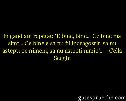 In gand am repetat: "E bine, bine... Ce bine ma simt... Ce bine e sa nu fii indragostit, sa nu astepti pe nimeni, sa nu astepti nimic"... - Cella Serghi