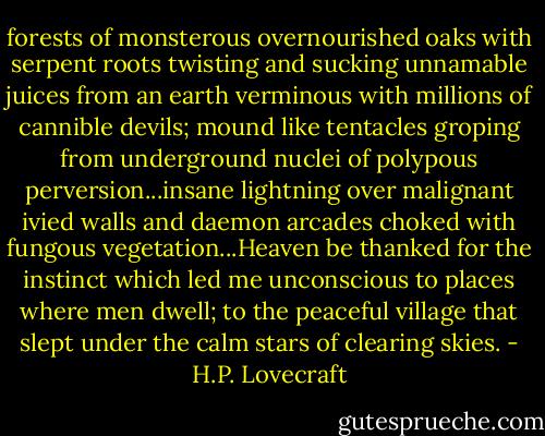 forests of monsterous overnourished oaks with serpent roots twisting and sucking unnamable juices from an earth verminous with millions of cannible devils; mound like tentacles groping from underground nuclei of polypous perversion...insane lightning over malignant ivied walls and daemon arcades choked with fungous vegetation...Heaven be thanked for the instinct which led me unconscious to places where men dwell; to the peaceful village that slept under the calm stars of clearing skies. - H.P. Lovecraft