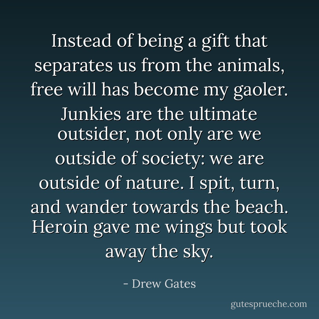 Instead of being a gift that separates us from the animals, free will has become my gaoler. Junkies are the ultimate outsider, not only are we outside of society: we are outside of nature. I spit, turn, and wander towards the beach. Heroin gave me wings but took away the sky. - Drew Gates