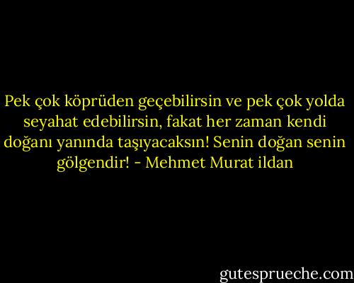 Pek çok köprüden geçebilirsin ve pek çok yolda seyahat edebilirsin, fakat her zaman kendi doğanı yanında taşıyacaksın! Senin doğan senin gölgendir! - Mehmet Murat ildan