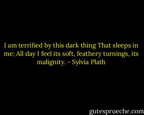 I am terrified by this dark thing<br />That sleeps in me;<br />All day I feel its soft, feathery turnings, its malignity. - Sylvia Plath