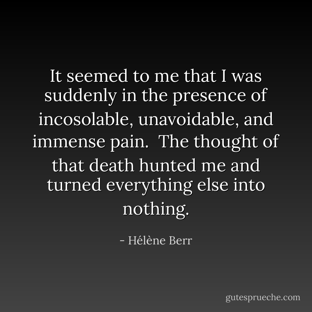 It seemed to me that I was suddenly in the presence of incosolable, unavoidable, and immense pain.<br /><br />The thought of that death hunted me and turned everything else into nothing. - Hélène Berr