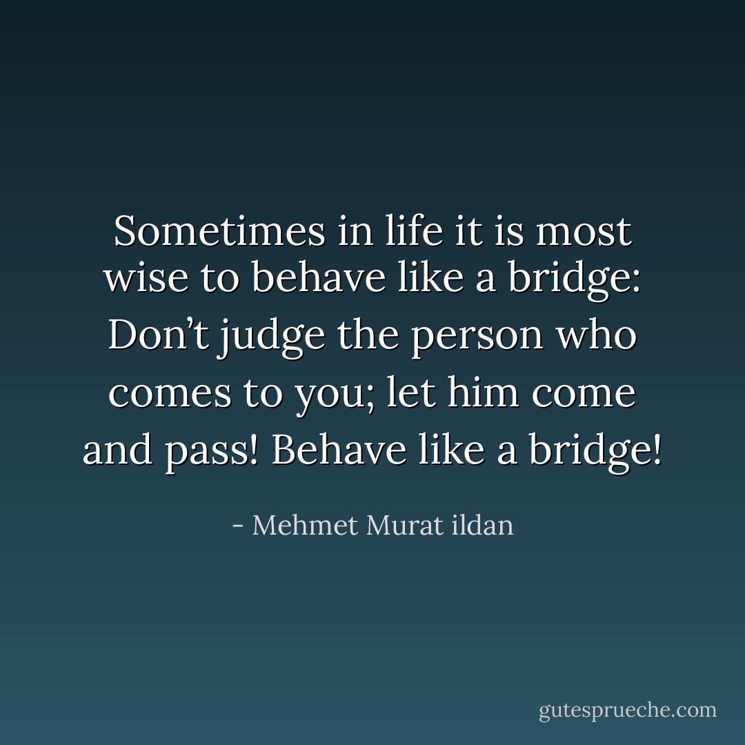 Sometimes in life it is most wise to behave like a bridge: Don’t judge the person who comes to you; let him come and pass! Behave like a bridge! - Mehmet Murat ildan