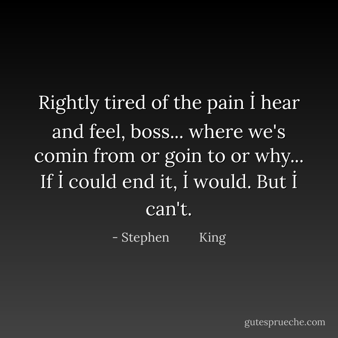 Rightly tired of the pain İ hear and feel, boss... where we's comin from or goin to or why... If İ could end it, İ would. But İ can't. - Stephen         King