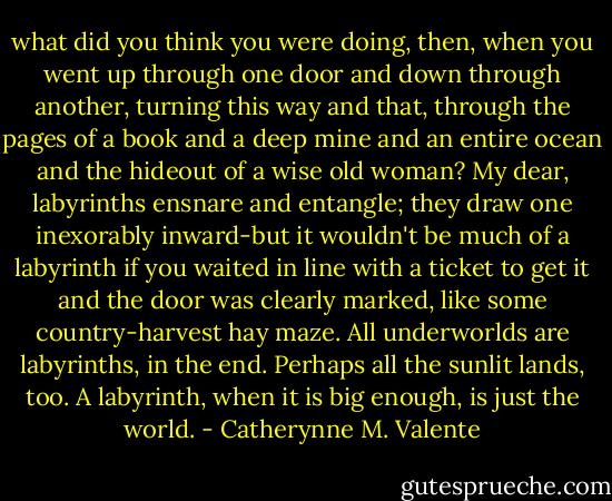 what did you think you were doing, then, when you went up through one door and down through another, turning this way and that, through the pages of a book and a deep mine and an entire ocean and the hideout of a wise old woman? My dear, labyrinths ensnare and entangle; they draw one inexorably inward-but it wouldn't be much of a labyrinth if you waited in line with a ticket to get it and the door was clearly marked, like some country-harvest hay maze. All underworlds are labyrinths, in the end. Perhaps all the sunlit lands, too. A labyrinth, when it is big enough, is just the world. - Catherynne M. Valente