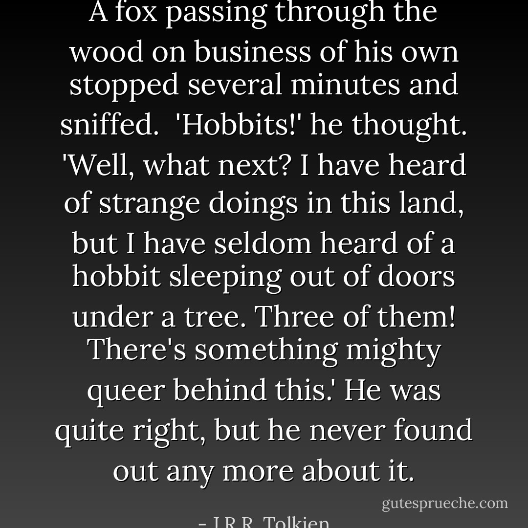 A fox passing through the wood on business of his own stopped several minutes and sniffed. <br />'Hobbits!' he thought. 'Well, what next? I have heard of strange doings in this land, but I have seldom heard of a hobbit sleeping out of doors under a tree. Three of them! There's something mighty queer behind this.' He was quite right, but he never found out any more about it. - J.R.R. Tolkien