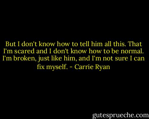 But I don't know how to tell him all this. That I'm scared and I don't know how to be normal. I'm broken, just like him, and I'm not sure I can fix myself. - Carrie Ryan