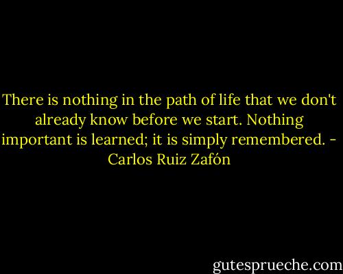 There is nothing in the path of life that we don't already know before we start. Nothing important is learned; it is simply remembered. - Carlos Ruiz Zafón
