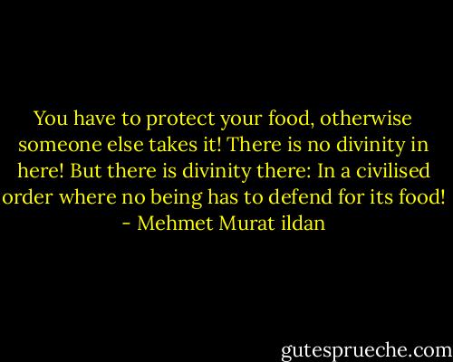 You have to protect your food, otherwise someone else takes it! There is no divinity in here! But there is divinity there: In a civilised order where no being has to defend for its food! - Mehmet Murat ildan