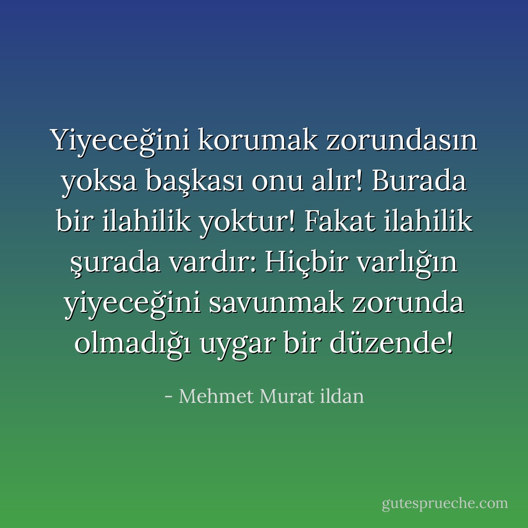 Yiyeceğini korumak zorundasın yoksa başkası onu alır! Burada bir ilahilik yoktur! Fakat ilahilik şurada vardır: Hiçbir varlığın yiyeceğini savunmak zorunda olmadığı uygar bir düzende! - Mehmet Murat ildan