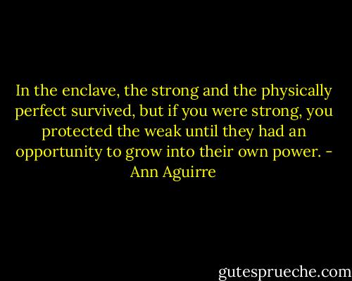 In the enclave, the strong and the physically perfect survived, but if you were strong, you protected the weak until they had an opportunity to grow into their own power. - Ann Aguirre