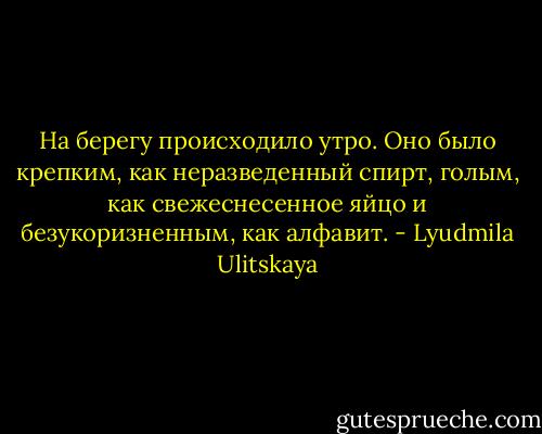 На берегу происходило утро. Оно было крепким, как неразведенный спирт, голым, как свежеснесенное яйцо и безукоризненным, как алфавит. - Lyudmila Ulitskaya