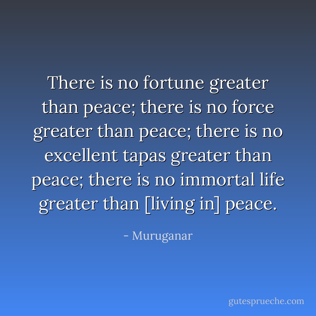 There is no fortune greater than peace; there is no force greater than peace; there is no excellent tapas greater than peace; there is no immortal life greater than [living in] peace. - Muruganar