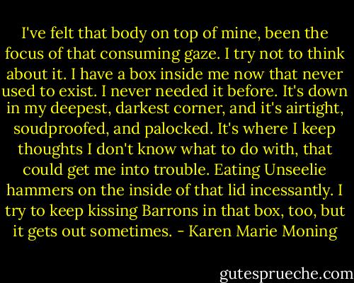 I've felt that body on top of mine, been the focus of that consuming gaze. I try not to think about it. I have a box inside me now that never used to exist. I never needed it before. It's down in my deepest, darkest corner, and it's airtight, soudproofed, and palocked. It's where I keep thoughts I don't know what to do with, that could get me into trouble. Eating Unseelie hammers on the inside of that lid incessantly. I try to keep kissing Barrons in that box, too, but it gets out sometimes. - Karen Marie Moning