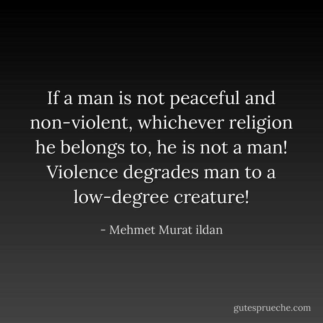 If a man is not peaceful and non-violent, whichever religion he belongs to, he is not a man! Violence degrades man to a low-degree creature! - Mehmet Murat ildan