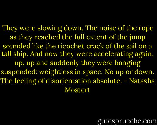 They were slowing down. The noise of the rope as they reached the full extent of the jump sounded like the ricochet crack of the sail on a tall ship. And now they were accelerating again, up, up and suddenly they were hanging suspended: weightless in space. No up or down. The feeling of disorientation absolute. - Natasha Mostert