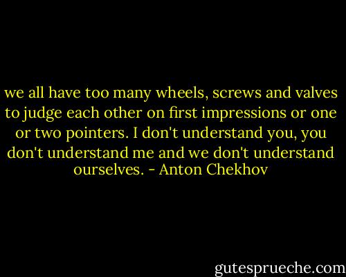 we all have too many wheels, screws and valves to judge each other on first impressions or one or two pointers. I don't understand you, you don't understand me and we don't understand ourselves. - Anton Chekhov