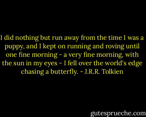 I did nothing but run away from the time I was a puppy, and I kept on running and roving until one fine morning - a very fine morning, with the sun in my eyes - I fell over the world's edge chasing a butterfly. - J.R.R. Tolkien