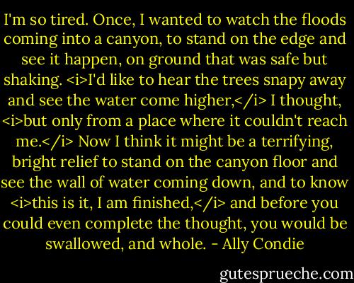 I'm so tired.<br />Once, I wanted to watch the floods coming into a canyon, to stand on the edge and see it happen, on ground that was safe but shaking. <i>I'd like to hear the trees snapy away and see the water come higher,</i> I thought, <i>but only from a place where it couldn't reach me.</i><br />Now I think it might be a terrifying, bright relief to stand on the canyon floor and see the wall of water coming down, and to know <i>this is it, I am finished,</i> and before you could even complete the thought, you would be swallowed, and whole. - Ally Condie
