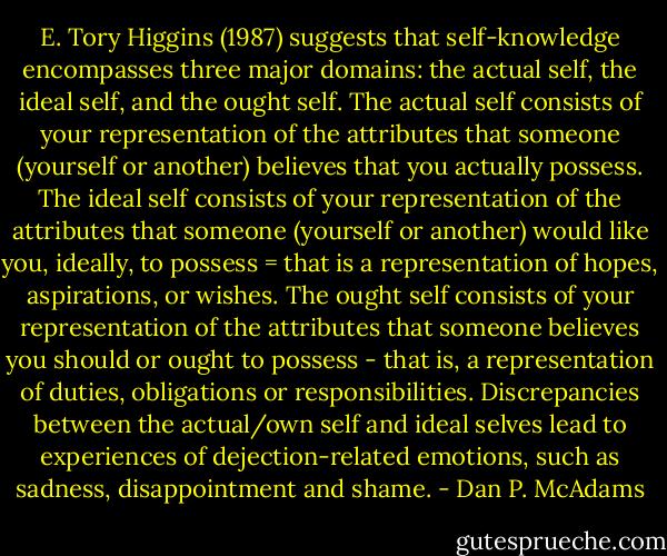 E. Tory Higgins (1987) suggests that self-knowledge encompasses three major domains: the actual self, the ideal self, and the ought self. The actual self consists of your representation of the attributes that someone (yourself or another) believes that you actually possess. The ideal self consists of your representation of the attributes that someone (yourself or another) would like you, ideally, to possess = that is a representation of hopes, aspirations, or wishes. The ought self consists of your representation of the attributes that someone believes you should or ought to possess - that is, a representation of duties, obligations or responsibilities. Discrepancies between the actual/own self and ideal selves lead to experiences of dejection-related emotions, such as sadness, disappointment and shame. - Dan P. McAdams