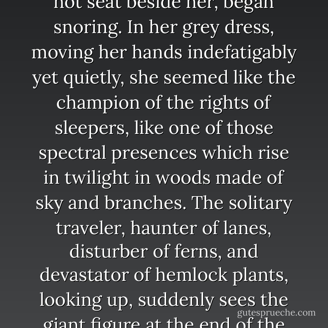 The grey nurse resumed her knitting as Peter Walsh, on the hot seat beside her, began snoring. In her grey dress, moving her hands indefatigably yet quietly, she seemed like the champion of the rights of sleepers, like one of those spectral presences which rise in twilight in woods made of sky and branches. The solitary traveler, haunter of lanes, disturber of ferns, and devastator of hemlock plants, looking up, suddenly sees the giant figure at the end of the ride. - Virginia Woolf