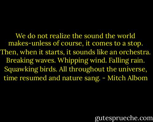 We do not realize the sound the world makes-unless of course, it comes to a stop. Then, when it starts, it sounds like an orchestra.<br />Breaking waves. Whipping wind. Falling rain. Squawking birds. All throughout the universe, time resumed and nature sang. - Mitch Albom