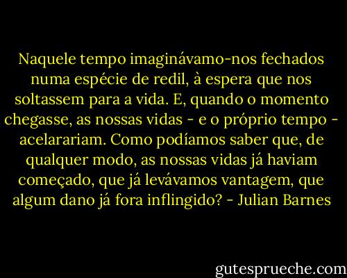 Naquele tempo imaginávamo-nos fechados numa espécie de redil, à espera que nos soltassem para a vida. E, quando o momento chegasse, as nossas vidas - e o próprio tempo - acelarariam. Como podíamos saber que, de qualquer modo, as nossas vidas já haviam começado, que já levávamos vantagem, que algum dano já fora inflingido? - Julian Barnes