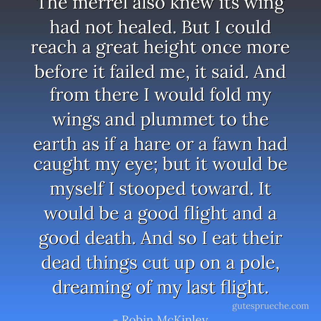The merrel also knew its wing had not healed. <i>But I could reach a great height once more before it failed me,</i> it said. <i>And from there I would fold my wings and plummet to the earth as if a hare or a fawn had caught my eye; but it would be myself I stooped toward. It would be a good flight and a good death. And so I eat their dead things cut up on a pole, dreaming of my last flight.</i> - Robin McKinley