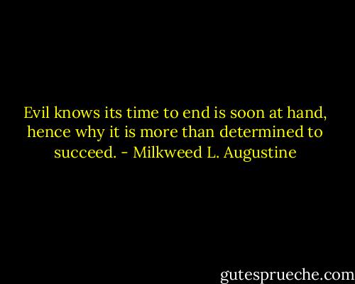 Evil knows its time to end is soon at hand, hence why it is more than determined to succeed. - Milkweed L. Augustine