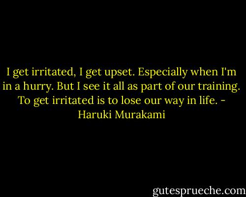 I get irritated, I get upset. Especially when I'm in a hurry. But I see it all as part of our training. To get irritated is to lose our way in life. - Haruki Murakami