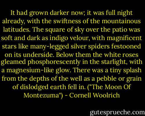 It had grown darker now; it was full night already, with the swiftness of the mountainous latitudes. The square of sky over the patio was soft and dark as indigo velour, with magnificent stars like many-legged silver spiders festooned on its underside. Below them the white roses gleamed phosphorescently in the starlight, with a magnesium-like glow. There was a tiny splash from the depths of the well as a pebble or grain of dislodged earth fell in. ("The Moon Of Montezuma") - Cornell Woolrich