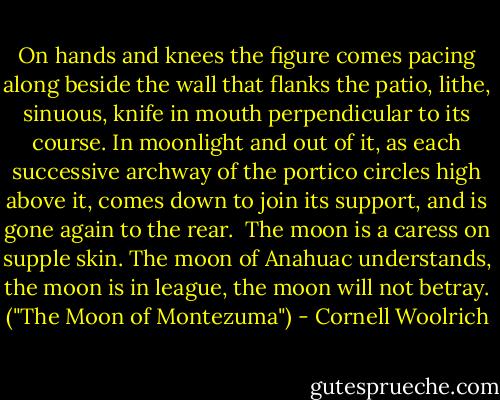 On hands and knees the figure comes pacing along beside the wall that flanks the patio, lithe, sinuous, knife in mouth perpendicular to its course. In moonlight and out of it, as each successive archway of the portico circles high above it, comes down to join its support, and is gone again to the rear.<br /><br />The moon is a caress on supple skin. The moon of Anahuac understands, the moon is in league, the moon will not betray. ("The Moon of Montezuma") - Cornell Woolrich