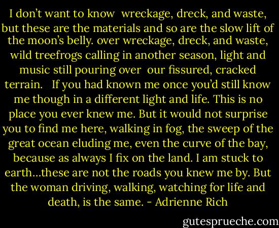 I don’t want to know <br />wreckage, dreck, and waste, but these are the materials<br />and so are the slow lift of the moon’s belly.<br />over wreckage, dreck, and waste, wild treefrogs calling in<br />another season, light and music still pouring over <br />our fissured, cracked terrain. <br /><br />If you had known me<br />once you’d still know me though in a different<br />light and life. This is no place you ever knew me.<br />But it would not surprise you<br />to find me here, walking in fog, the sweep of the great ocean<br />eluding me, even the curve of the bay, because as always<br />I fix on the land. I am stuck to earth…these are not the roads<br />you knew me by. But the woman driving, walking, watching<br />for life and death, is the same. - Adrienne Rich