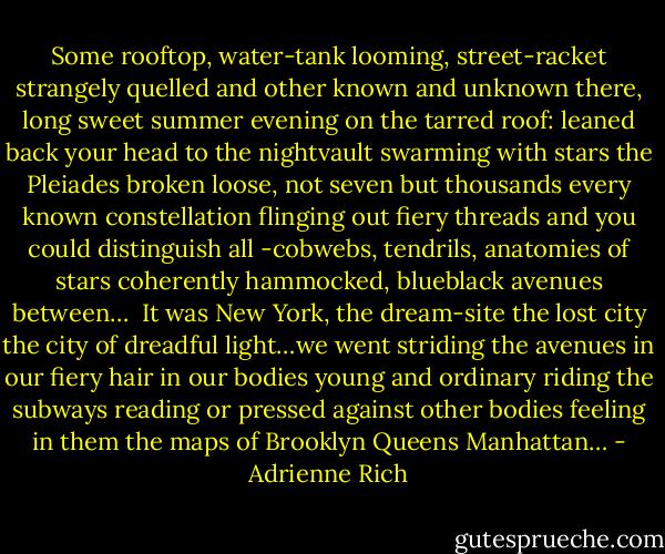 Some rooftop, water-tank looming, street-racket strangely quelled<br />and other known and unknown there, long sweet summer evening<br />on the tarred roof:<br />leaned back your head to the nightvault swarming with stars<br />the Pleiades broken loose, not seven but thousands<br />every known constellation flinging out fiery threads<br />and you could distinguish all<br />-cobwebs, tendrils, anatomies of stars<br />coherently hammocked, blueblack avenues between…<br /><br />It was New York, the dream-site<br />the lost city the city of dreadful light…we<br />went striding the avenues in our fiery hair<br />in our bodies young and ordinary riding the subways reading<br />or pressed against other bodies<br />feeling in them the maps of Brooklyn Queens Manhattan… - Adrienne Rich