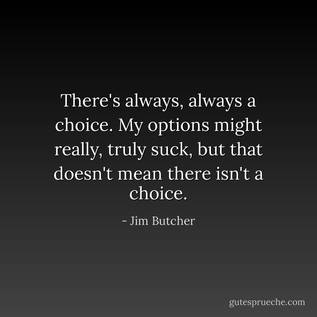 There's always, always a choice. My options might really, truly suck, but that doesn't mean there isn't a choice. - Jim Butcher