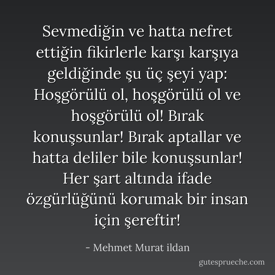 Sevmediğin ve hatta nefret ettiğin fikirlerle karşı karşıya geldiğinde şu üç şeyi yap: Hoşgörülü ol, hoşgörülü ol ve hoşgörülü ol! Bırak konuşsunlar! Bırak aptallar ve hatta deliler bile konuşsunlar! Her şart altında ifade özgürlüğünü korumak bir insan için şereftir! - Mehmet Murat ildan
