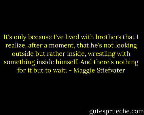 It's only because I've lived with brothers that I realize, after a moment, that he's not looking outside but rather inside, wrestling with something inside himself. And there's nothing for it but to wait. - Maggie Stiefvater