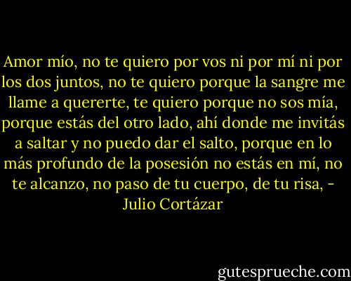 Amor mío, no te quiero por vos ni por mí ni por los dos juntos, no te quiero porque la sangre me llame a quererte, te quiero porque no sos mía, porque estás del otro lado, ahí donde me invitás a saltar y no puedo dar el salto, porque en lo más profundo de la posesión no estás en mí, no te alcanzo, no paso de tu cuerpo, de tu risa, - Julio Cortázar
