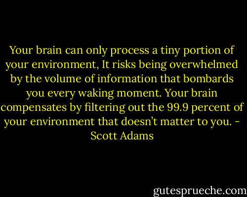 Your brain can only process a tiny portion of your environment,<br />It risks being overwhelmed by the volume<br />of information that bombards you every waking moment.<br />Your brain compensates by filtering out the 99.9 percent of<br />your environment that doesn’t matter to you. - Scott Adams