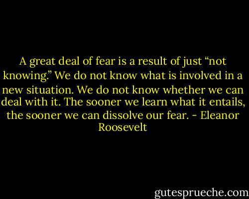 A great deal of fear is a result of just “not knowing.” We do not know what is involved in a new situation. We do not know whether we can deal with it. The sooner we learn what it entails, the sooner we can dissolve our fear. - Eleanor Roosevelt