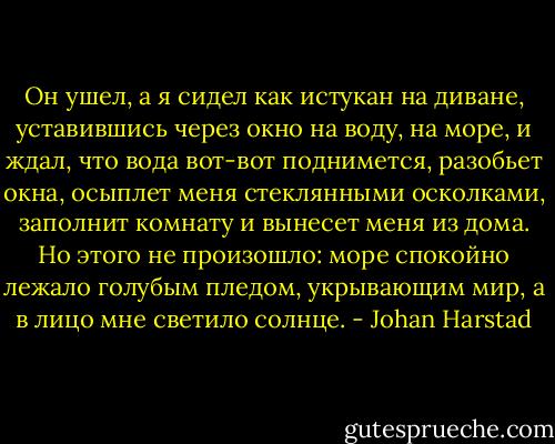 Он ушел, а я сидел как истукан на диване, уставившись через окно на воду, на море, и ждал, что вода вот-вот поднимется, разобьет окна, осыплет меня стеклянными осколками, заполнит комнату и вынесет меня из дома. Но этого не произошло: море спокойно лежало голубым пледом, укрывающим мир, а в лицо мне светило солнце. - Johan Harstad