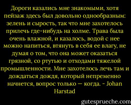 Дороги казались мне знакомыми, хотя пейзаж здесь был довольно однообразным: зелень и сырость, так что мне захотелось прилечь где-нибудь на холме. Трава была очень влажной, и казалось, водой с нее можно напиться, втянуть в себя ее влагу, не думая о том, что она может оказаться грязной, со ртутью и отходами тяжелой промышленности. Мне захотелось лечь там и дождаться дождя, который непременно начнется, вопрос только — когда. - Johan Harstad