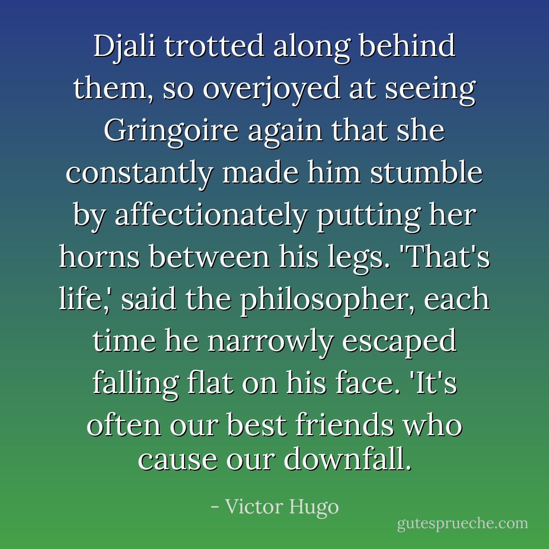 Djali trotted along behind them, so overjoyed at seeing Gringoire again that she constantly made him stumble by affectionately putting her horns between his legs. 'That's life,' said the philosopher, each time he narrowly escaped falling flat on his face. 'It's often our best friends who cause our downfall. - Victor Hugo