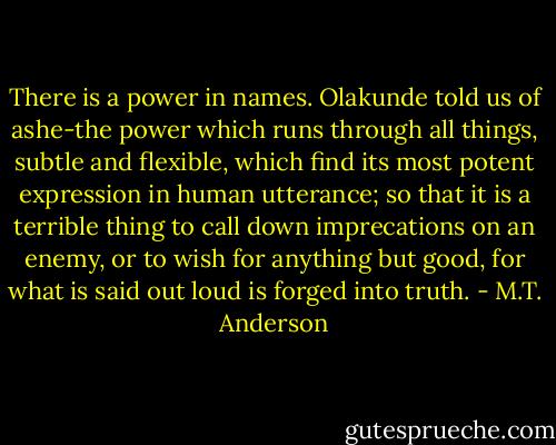 There is a power in names. Olakunde told us of ashe-the power which runs through all things, subtle and flexible, which find its most potent expression in human utterance; so that it is a terrible thing to call down imprecations on an enemy, or to wish for anything but good, for what is said out loud is forged into truth. - M.T. Anderson