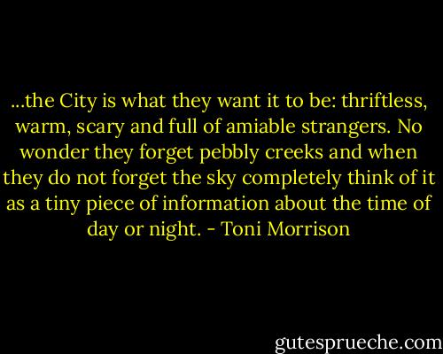 ...the City is what they want it to be: thriftless, warm, scary and full of amiable strangers. No wonder they forget pebbly creeks and when they do not forget the sky completely think of it as a tiny piece of information about the time of day or night. - Toni Morrison