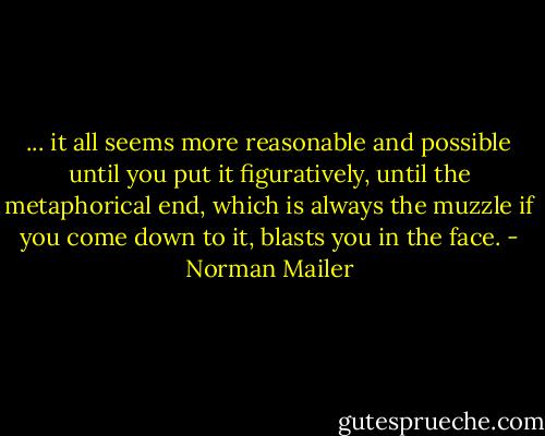 ... it all seems more reasonable and possible until you put it figuratively, until the metaphorical end, which is always the muzzle if you come down to it, blasts you in the face. - Norman Mailer