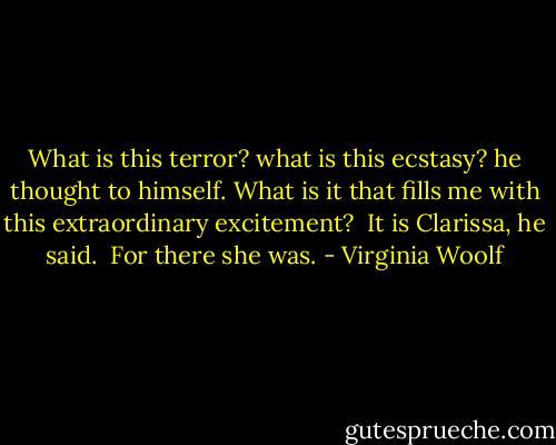 What is this terror? what is this ecstasy? he thought to himself. What is it that fills me with this extraordinary excitement? <br />It is Clarissa, he said. <br />For there she was. - Virginia Woolf