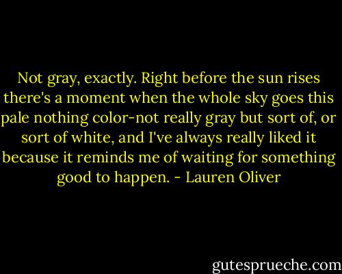 Not gray, exactly. Right before the sun rises there's a moment when the whole sky goes this pale nothing color-not really gray but sort of, or sort of white, and I've always really liked it because it reminds me of waiting for something good to happen. - Lauren Oliver