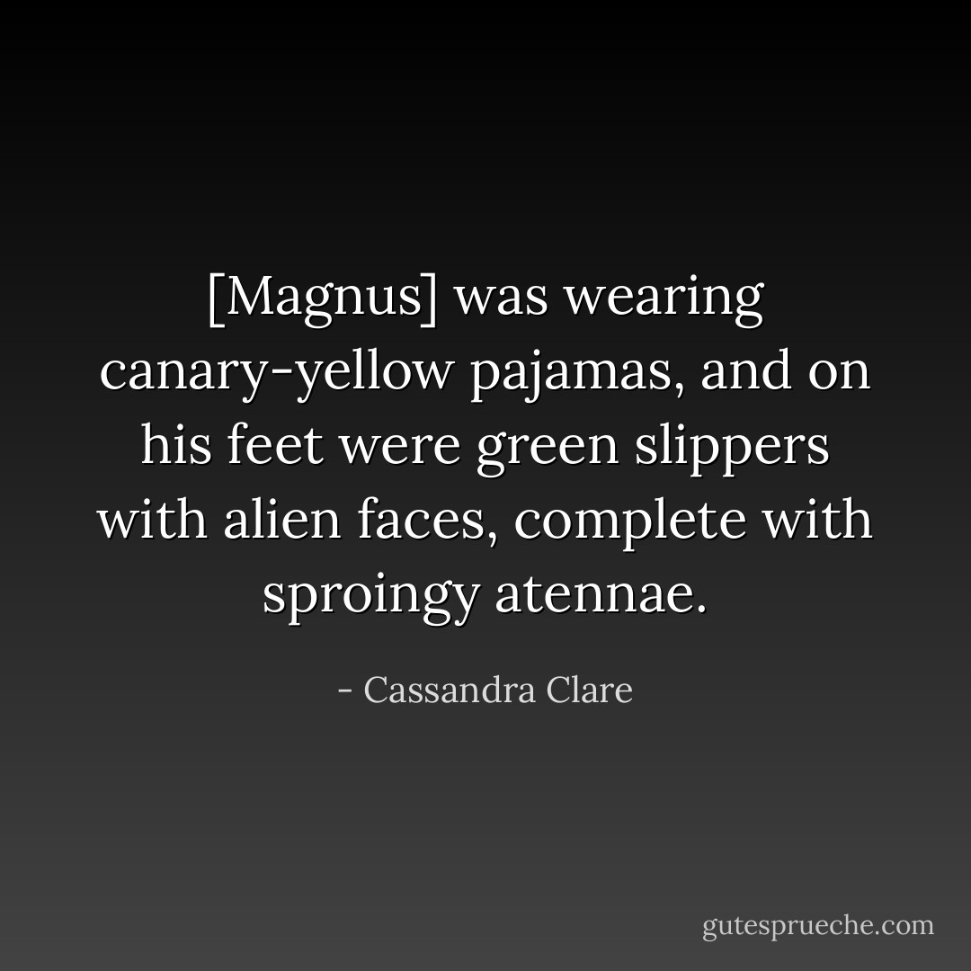 [Magnus] was wearing canary-yellow pajamas, and on his feet were green slippers with alien faces, complete with sproingy atennae. - Cassandra Clare