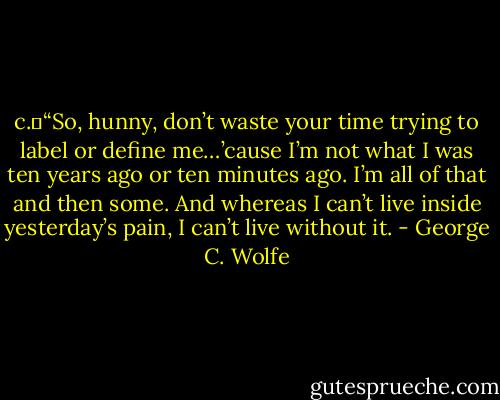c.	“So, hunny, don’t waste your time trying to label or define me…’cause I’m not what I was ten years ago or ten minutes ago. I’m all of that and then some. And whereas I can’t live inside yesterday’s pain, I can’t live without it. - George C. Wolfe